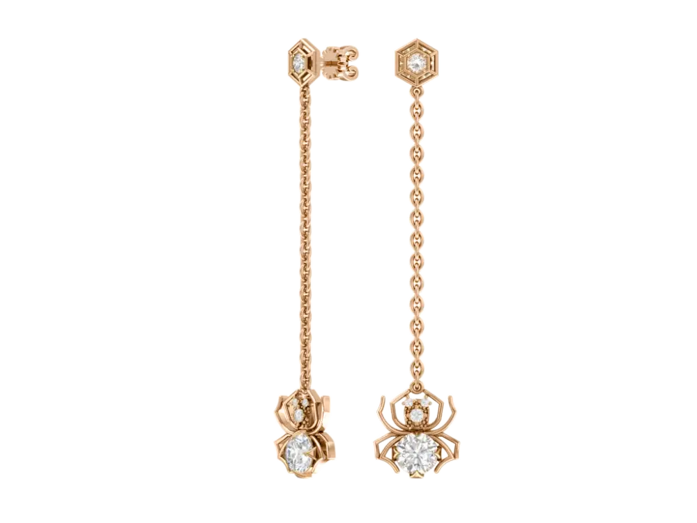 Product image 1 of the product “Stud Earrings “Spider on Chain” in 585 Rose Gold with Cubic Zirconia ”