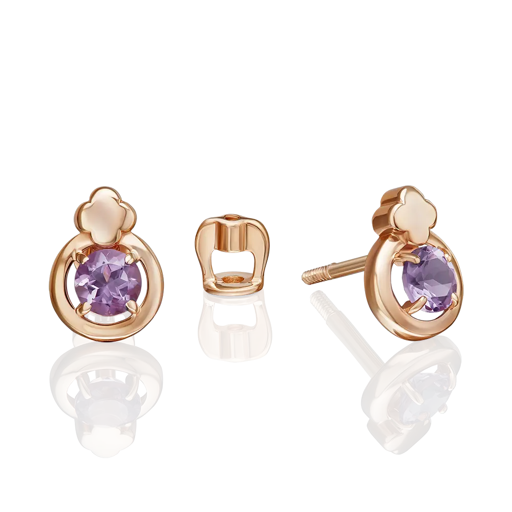 Artikelbild 1 des Artikels “Ohrstecker „Stein im Ring mit Blüte“ aus 585 Rotgold mit Amethyst “