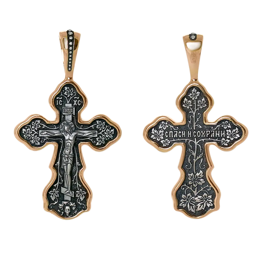 Product image 1 of the product “Orthodox Cross Pendant “Crucifixion of Christ” in 925 Sterling Silver, Plated with 999 Rose Gold, Height 36 mm ”