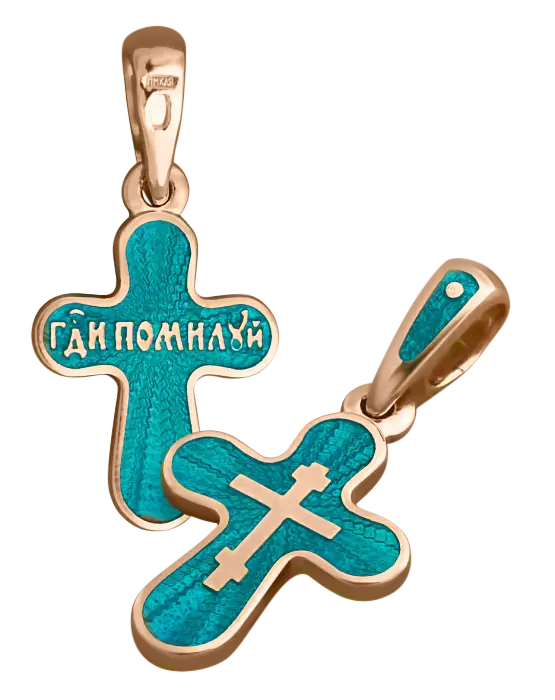 Artikelbild 1 des Artikels “Orthodoxer Kinderkreuzanhänger „Господи Помилуй“ mit grüner Emaille, 925 Silber, 999 Gold “