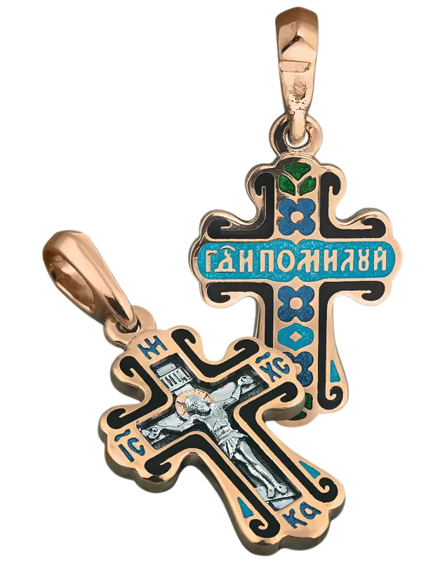 Product image 1 of the product “Orthodox Cross Pendant “Crucifixion of Christ” in 925 Sterling Silver, Plated with 999 Rose Gold, Height 32 mm ”