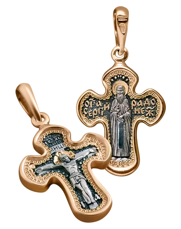 Product image 1 of the product “Orthodox Cross Pendant “Crucifixion of Christ”, “Sergius of Radonezh” in 925 Sterling Silver, 999 Gold-Plated ”