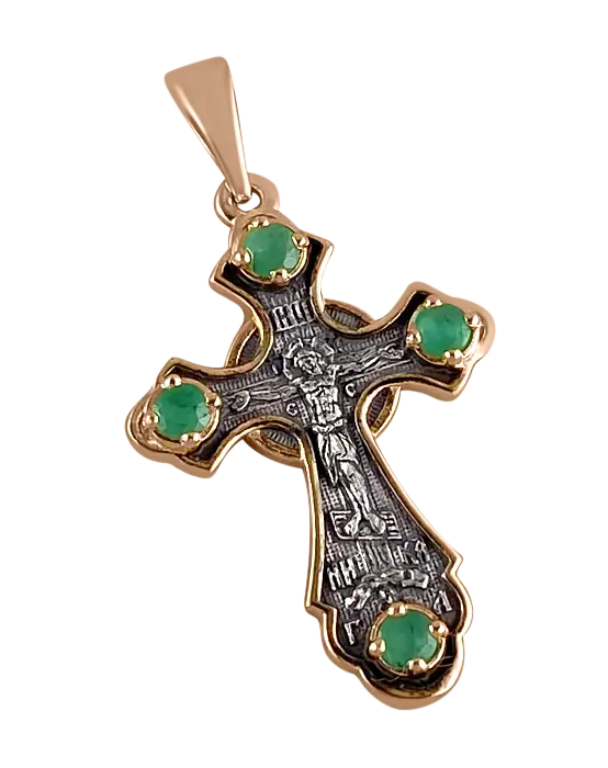 Artikelbild 1 des Artikels “Orthodoxer Kreuzanhänger „Kreuzigung Christi“ und „Hl. Nikolaus Wundertäter“ aus 925 Silber, vergoldet mit 999er Rotgold, mit vier Smaragden “