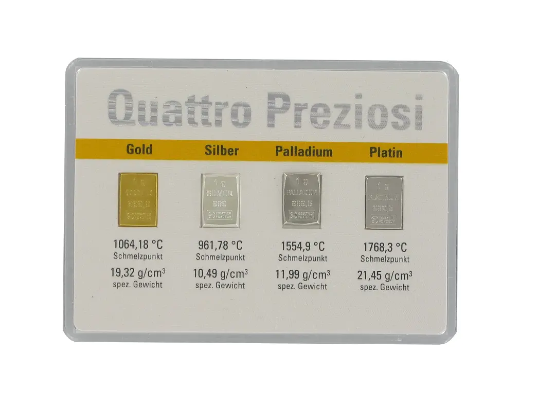 Artikelbild 1 des Artikels “Edelmetall-Set „Quattro Preziosi“ – Gold, Silber, Platin und Palladium, je 1 g “