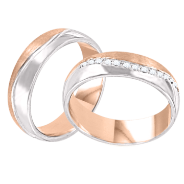 Wedding ring in red and white gold of 585 assay value with diamonds 