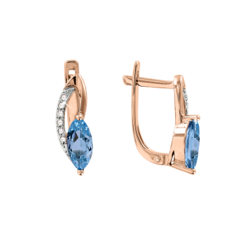 Earrings in red gold of 585 assay value with diamonds and blue topaz 