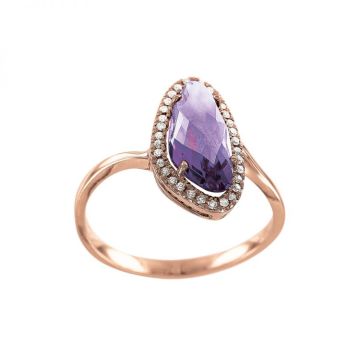 Lady´s ring in red and white gold of 585 assay value with diamonds and amethyst 