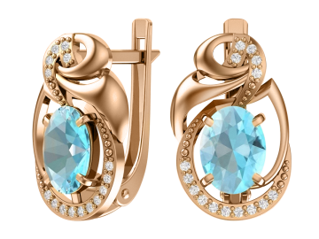 Серьги из красного золота 585 пробы с голубым топазом и фианитами 