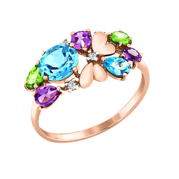 Lady´s ring in red gold of 585 assay value with zirconia, amethyst, London topaz, blue topaz and chrysolith 