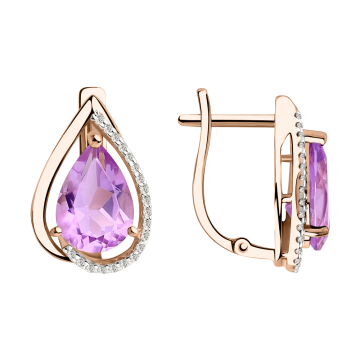 Earrings in red gold of 585 assay value (14ct) with amethyst, zirconia 