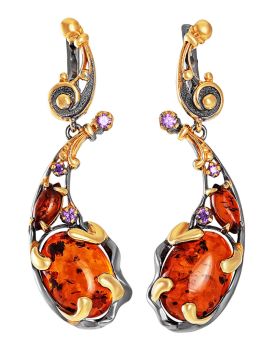 Серебряные серьги 925 пробы с янтарем покрытые красным золотом 