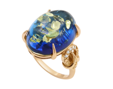 Женское Кольцо в серебре 925 пробы позолоченное с янтарем и фианитами 