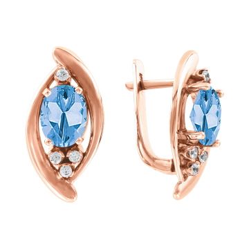 Earrings in red gold of 585 assay value with diamonds and blue topaz 
