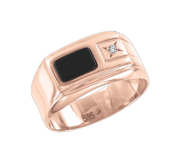 Man's ring in red gold of 585 assay value with zirconia, onyx 