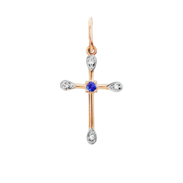 Cross from red gold of 585 assay value with diamond, sapphire 