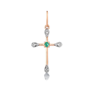 Pendant - crosst in red gold of 585 assay value with emerald and diamonds 