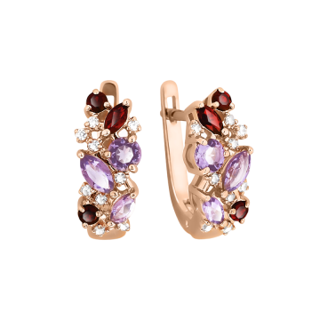 Earrings in red gold of 585 assay value (14ct) with amethyst, zirconia 