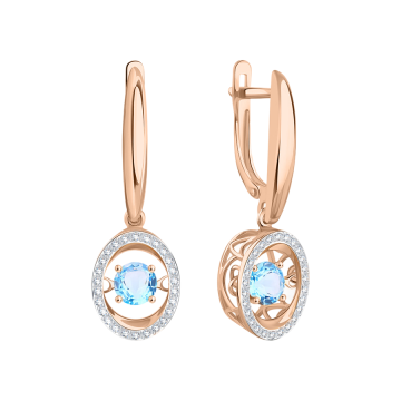 Gold Earrings with Dancing Blue Topaz and Cubic Zirconia 