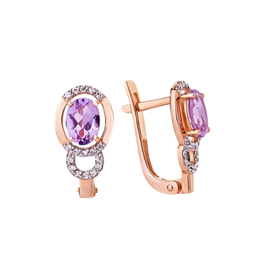 Earrings in red gold of 585 assay value (14ct) with amethyst, zirconia 