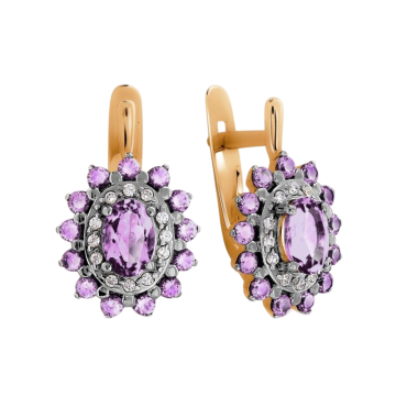 Серьги из красного золота 585 пробы с аметистом и фианитами 