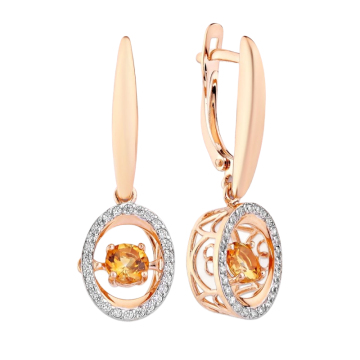 Gold Drop Earrings 585 with Dancing Citrine and Cubic Zirconia 