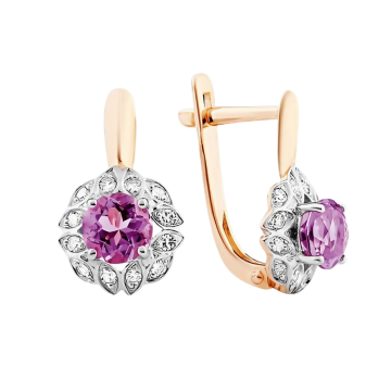 Earrings in red and white gold of 585 assay value (14ct) with diamonds, amethyst 