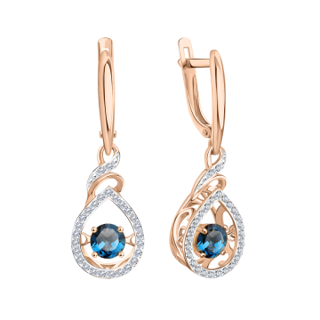 Earrings in red gold of 585 assay value with London blue topaz, zirconia 