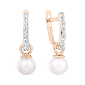 Ohrringe aus Rotgold 585° mit Zirkonia, echte Perlen 