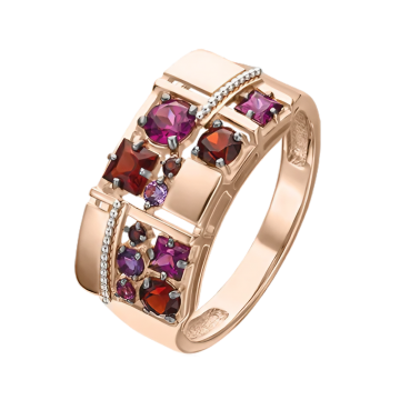 Rotgold 585° Damenring mit Granat, Amethyst 