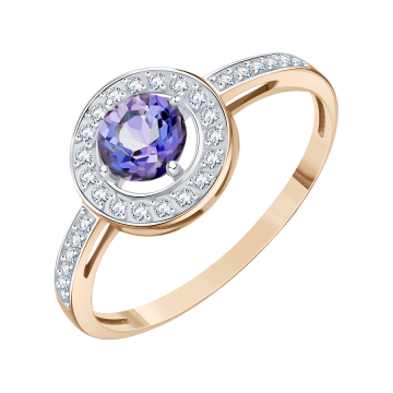Lady´s ring in red gold of 585 assay value with tanzanite and zirconia 