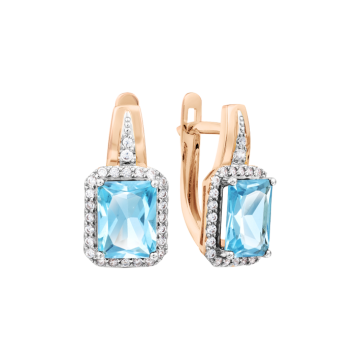 Earrings in red gold of 585 assay value with blue topaz, zirconia 