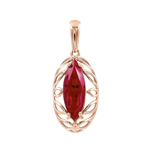 Artikelbild des Artikels “Anhänger „Rubin-Navette im Ornament“ aus 585 Rotgold mit Rubin (synthetisch) “