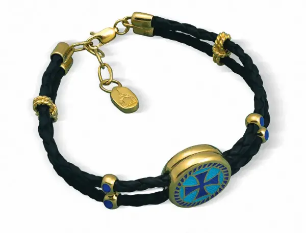 Product image of the product “Bracelet “Leather Cord with Enamel Cross” in Gold-Plated 925 Sterling Silver ”