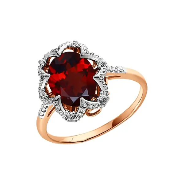 Artikelbild des Artikels “Damenring „Blüte mit Fassung“ aus 585 Bicolor-Gold mit Zirkonia und Granat “