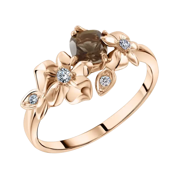 Artikelbild des Artikels “Damenring „Blüten mit Blättern“ aus 585 Rotgold mit Zirkonia und Rauchtopas “
