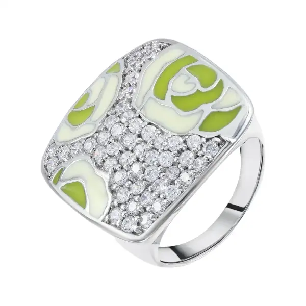 Product image of the product “Women's Ring “Wide with Green Roses” in 925 Sterling Silver with Cubic Zirconia ”
