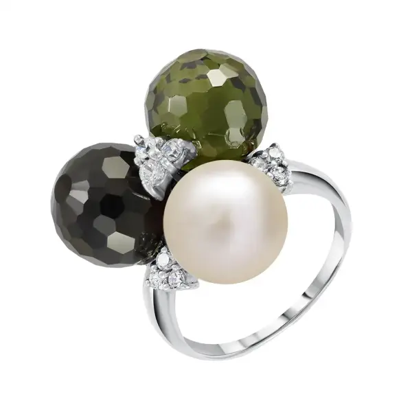 Artikelbild des Artikels “Damenring „Drei Kugeln mit Perle“ aus 925 Silber mit Zirkonia und Perlen “