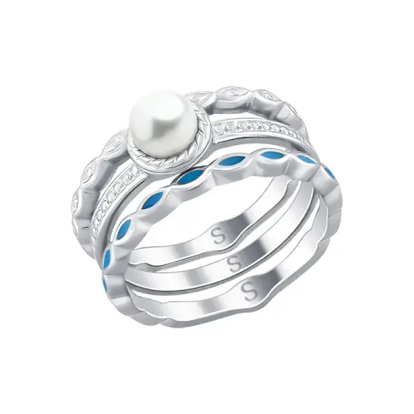 Artikelbild des Artikels “Damenring „Dreier-Set mit Emaille und Perle“ aus 925 Silber mit Perlen “
