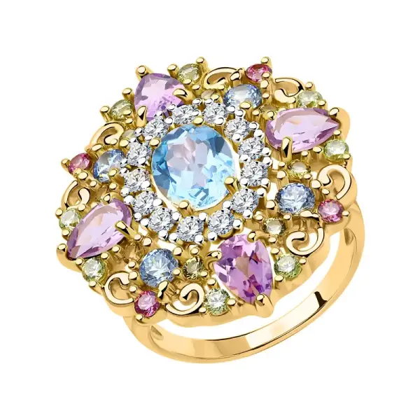Product image of the product “Women's Ring “Large Rosette with Coloured Stones” in Gold-Plated 925 Sterling Silver with Cubic Zirconia ”
