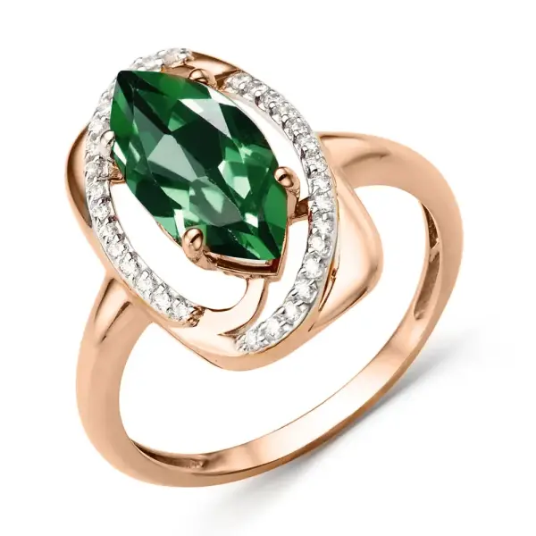 Artikelbild des Artikels “Damenring „Grüne Navette mit Steinbogen“ aus 585 Rotgold mit Zirkonia und Sitall “