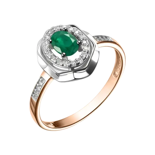 Artikelbild des Artikels “Damenring „Oval mit Steinkranz“ aus 585 Bicolor-Gold mit Brillanten und Smaragd (synthetisch) “