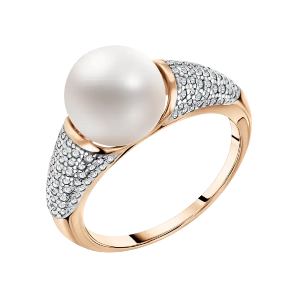 Artikelbild des Artikels “Damenring „Perle mit Pavé-Schulter“ aus 585 Rotgold mit Zirkonia und Perlen “