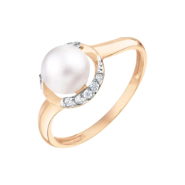 Artikelbild des Artikels “Damenring „Perle mit Steinbogen“ aus 585 Rotgold mit Zirkonia und Perlen “