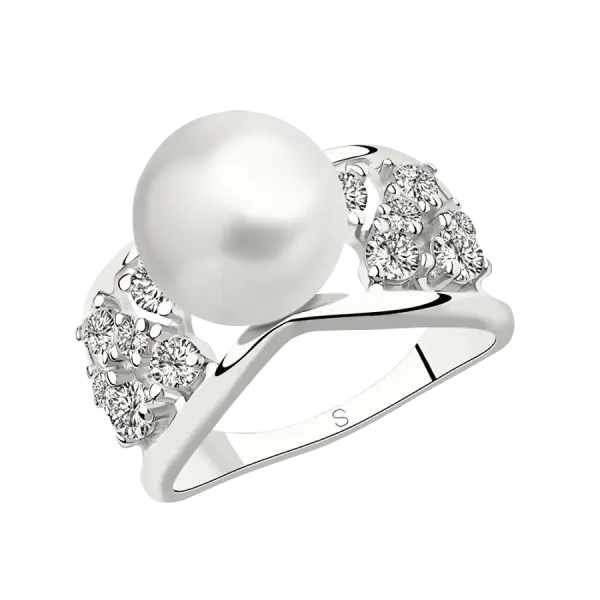 Artikelbild des Artikels “Damenring „Perle mit Steinfeldern“ aus 925 Silber mit Zirkonia und Perlen “