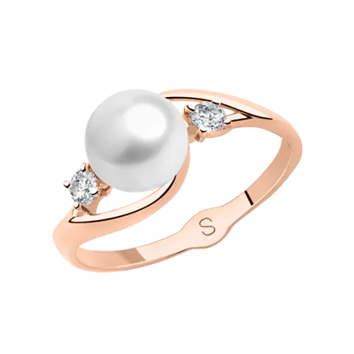 Product image of the product “Women's Ring “Pearl with Two Stones” in 585 Rose Gold with Cubic Zirconia and Pearls ”