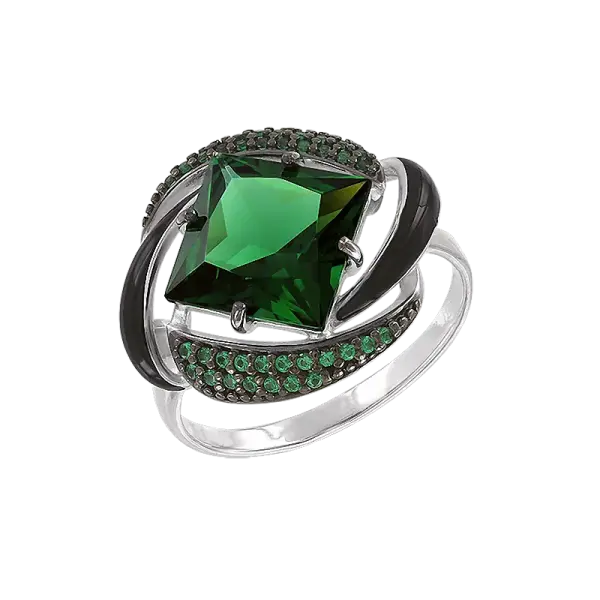 Artikelbild des Artikels “Damenring „Raute mit schwarzer Emaille“ aus 925 Silber mit Zirkonia und Sitall “