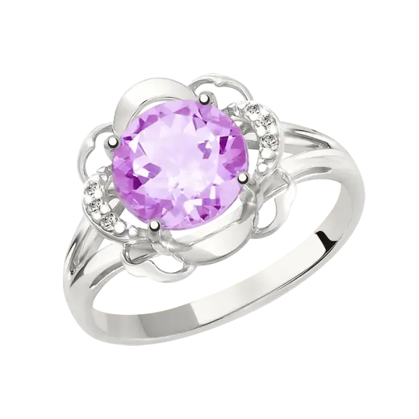 Artikelbild des Artikels “Damenring „Rund im Blütenrahmen“ aus 925 Silber mit Zirkonia und Amethyst (synthetisch) “
