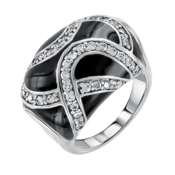 Product image of the product “Women's Ring “Black Enamel with Stone Bands” in 925 Sterling Silver with Cubic Zirconia ”