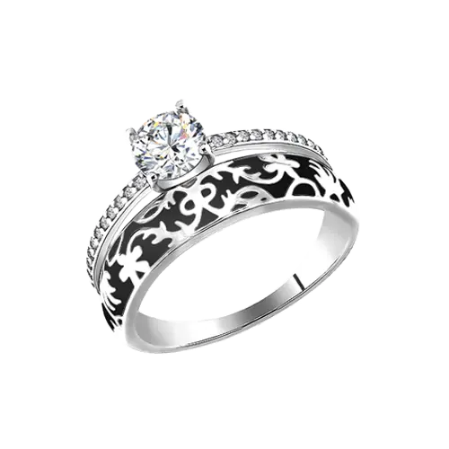 Artikelbild des Artikels “Damenring „Solitär mit schwarzem Ornament“ aus 925 Silber mit Zirkonia “
