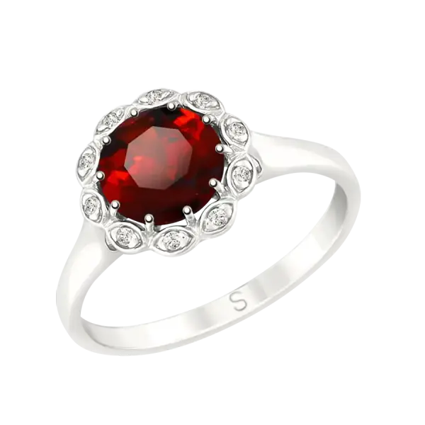 Artikelbild des Artikels “Damenring „Steinkranz mit Blättchen“ aus 925 Silber mit Zirkonia und Granat “